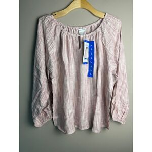 Boston Traders Women Pink White Striped Linen Blend Blouse Keyhole Top Large NWT